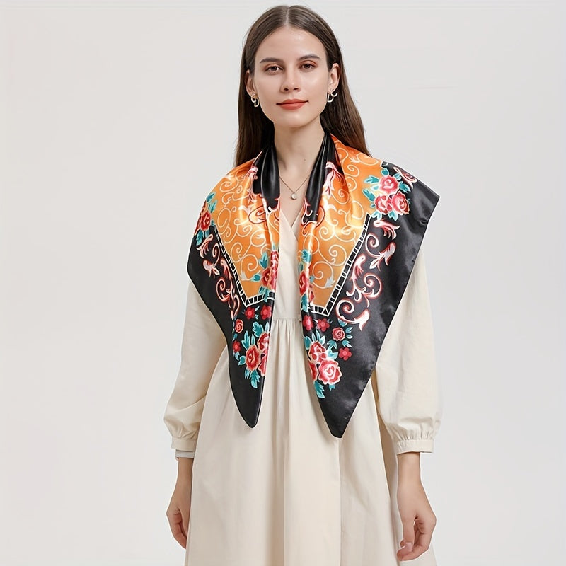 Vintage Floral Print Square Scarf Satin Shawl Women Head Wraps