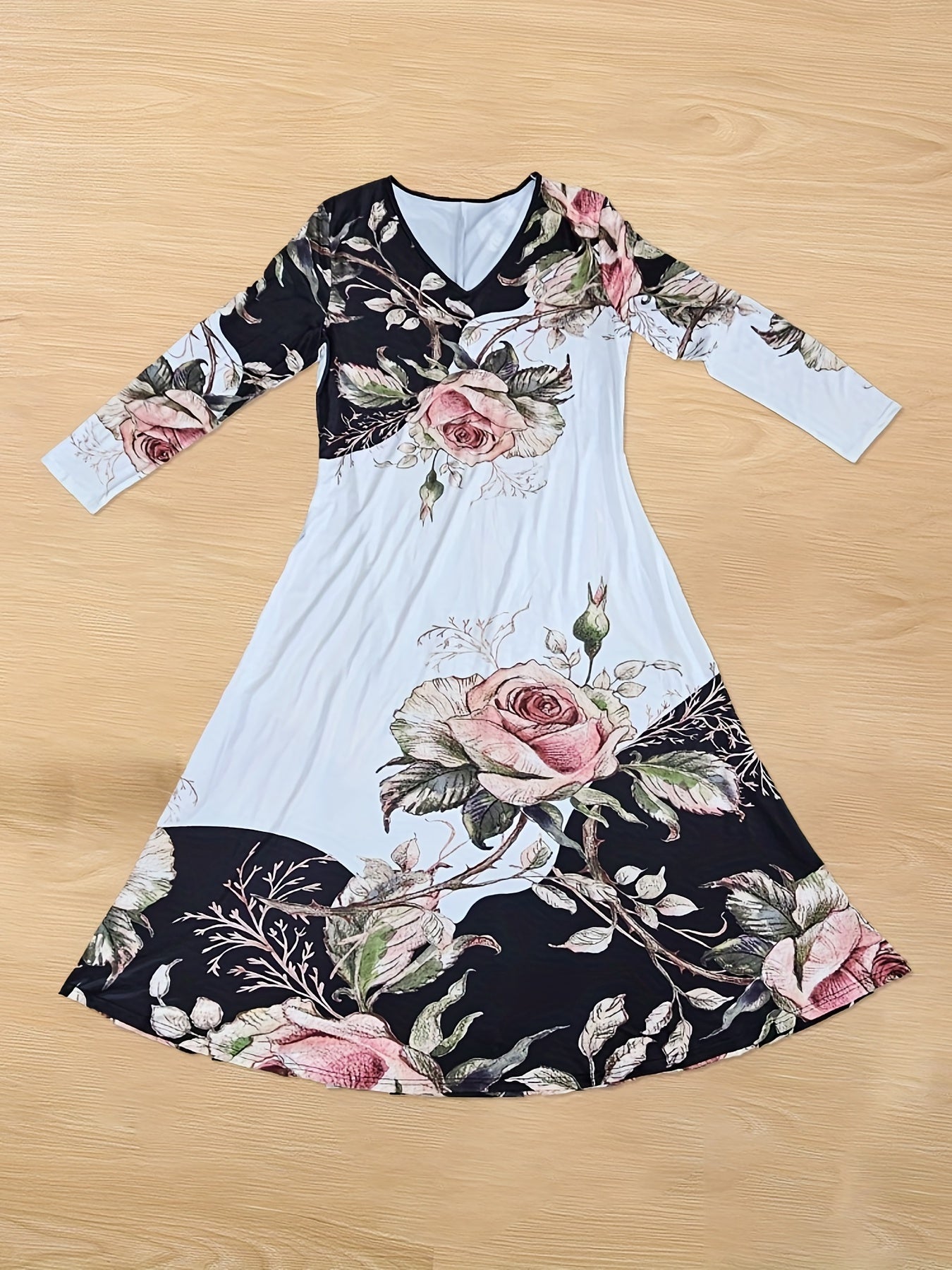 Floral Print V Neck Maxi Dress Long Sleeve Medium Stretch