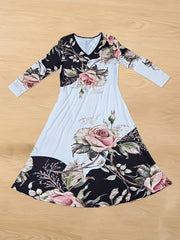 Floral Print V Neck Maxi Dress Long Sleeve Medium Stretch