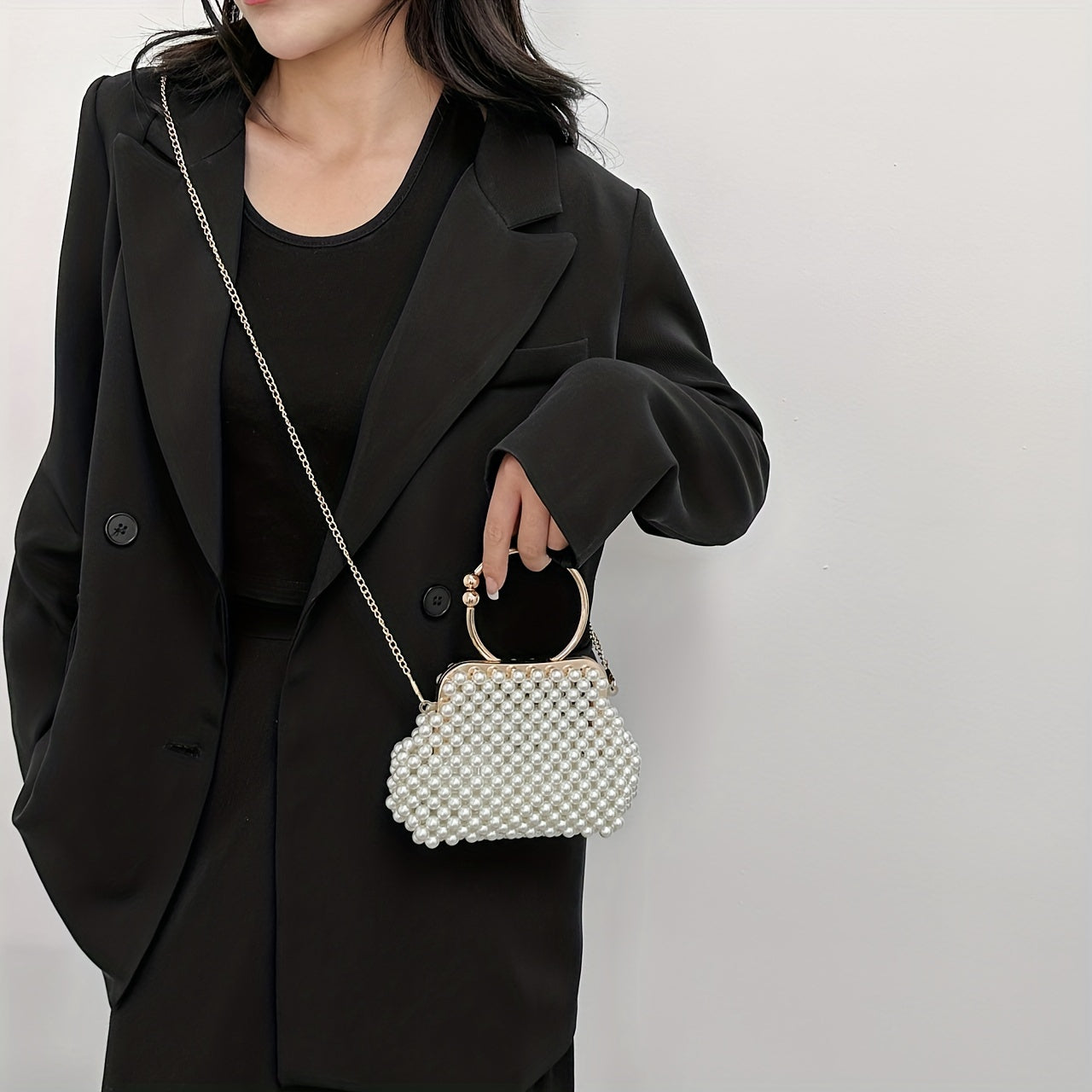 Pearl Beaded Frame Bag Formal Clutch Crossbody Handbag