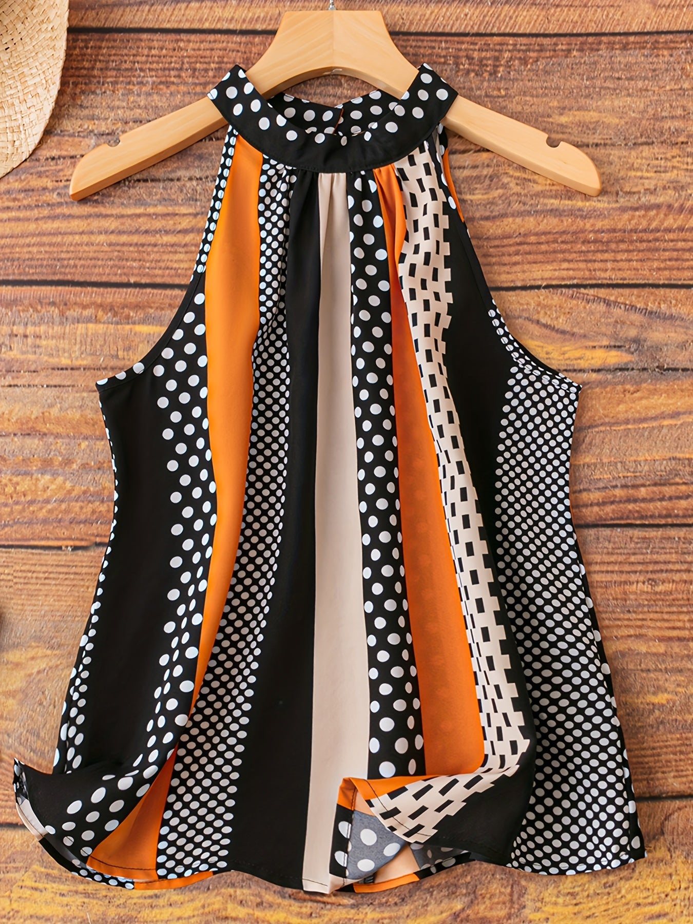 Polka Dot Halter Neck Top Colorblock Casual Summer Women's Clothing