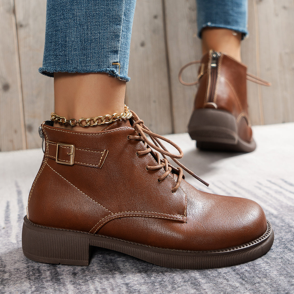 Women's Lace-Up Ankle Boots Solid Faux Leather