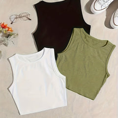 3-Pack Plus Size Basic Pajama Top Set Women's Plus Solid Round Neck Plain Crop