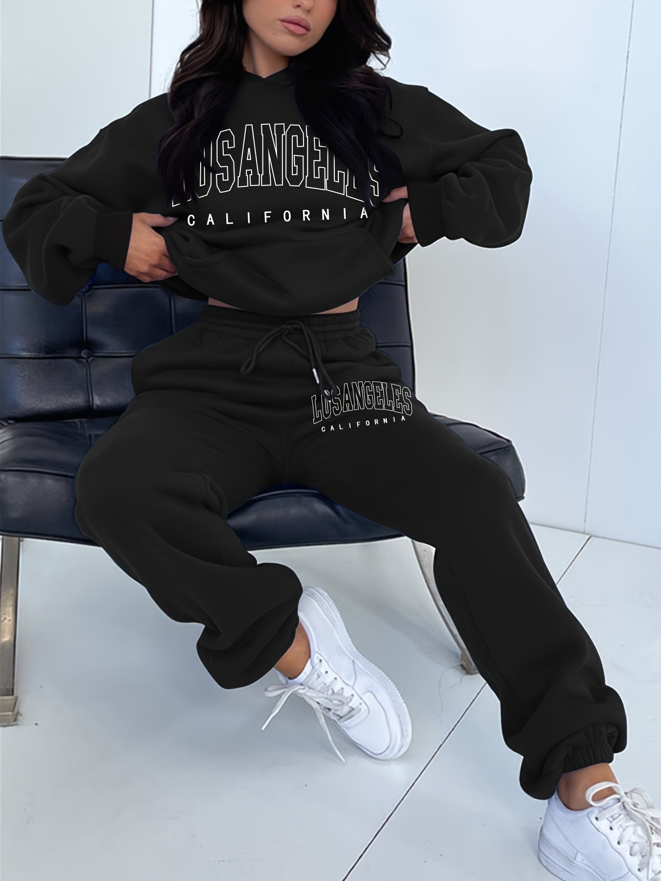 Women's Plus Size Sporty Outfit Set - Letter Print Hoodie & Joggers 2 Piece Set