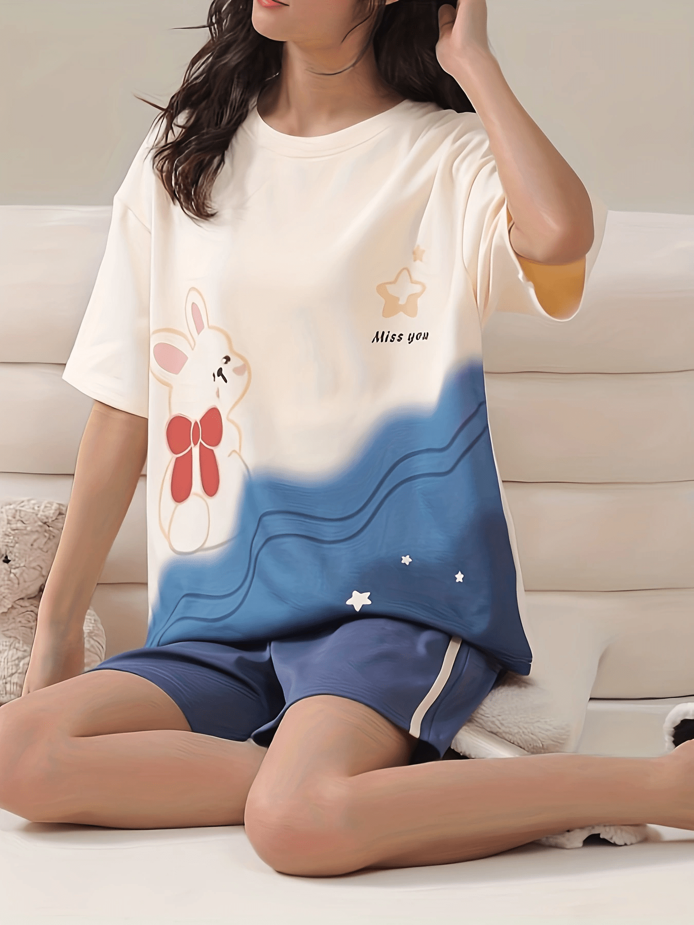Bunny Print Pajamas Set Short Sleeve Top & Shorts Women's Sleepwear