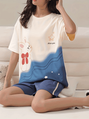 Bunny Print Pajamas Set Short Sleeve Top & Shorts Women's Sleepwear