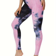 Tie Dye Honeycomb Yoga Leggings High Stretchy Seersucker Fabric Sports Pants