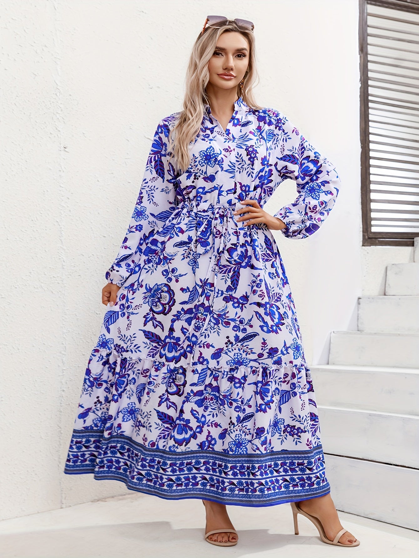 Floral Print Lantern Sleeve Maxi Dress With Belt