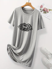 Women's Casual Nightdress Leopard Lip Print Short Sleeve Nightgown