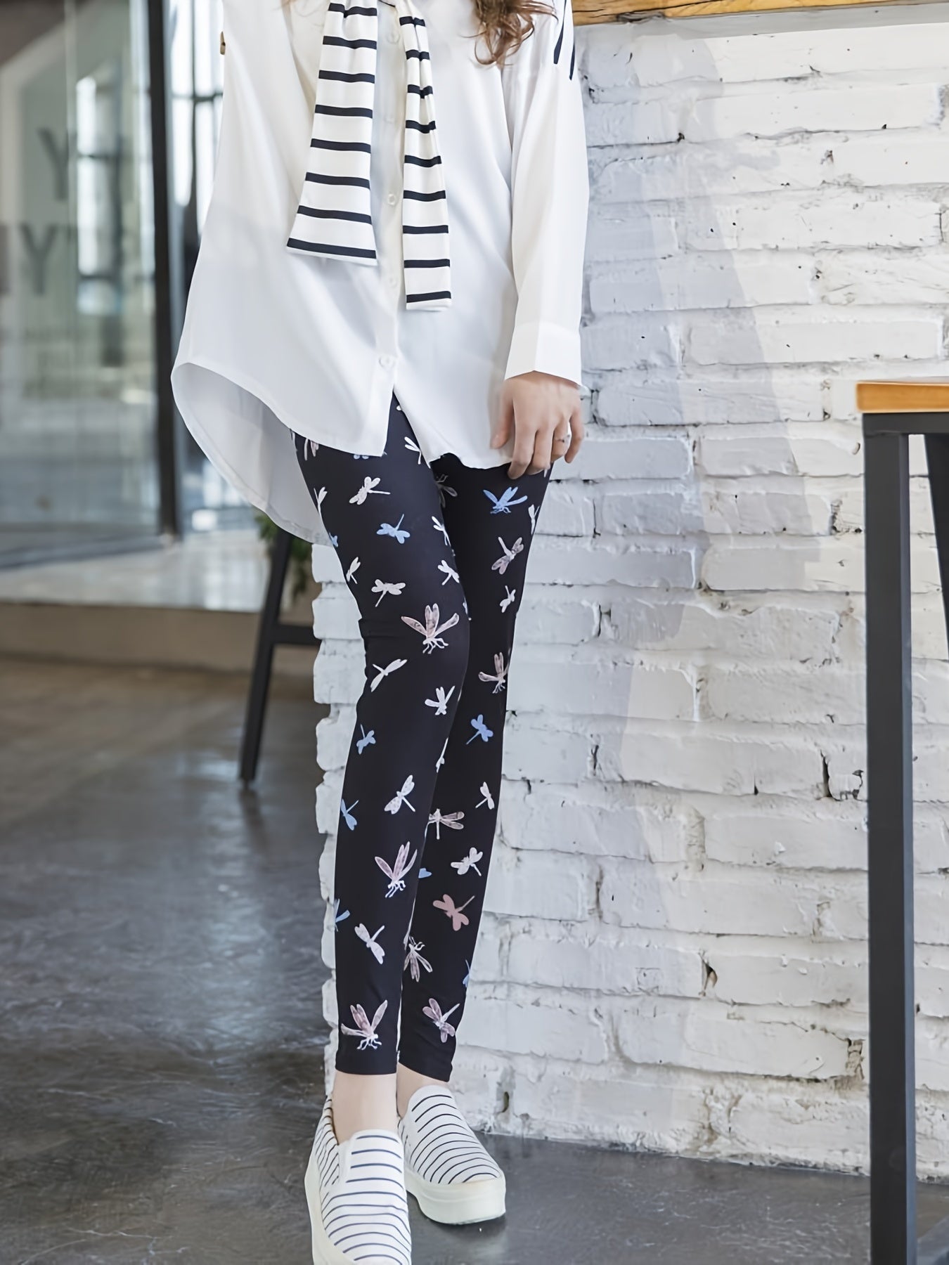 Dragonfly Print Skinny Leggings Women's Casual Stretchy Leggings