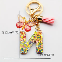 Initial Letter Keychain Resin Butterfly Pendant Tassel Backpack Ornament