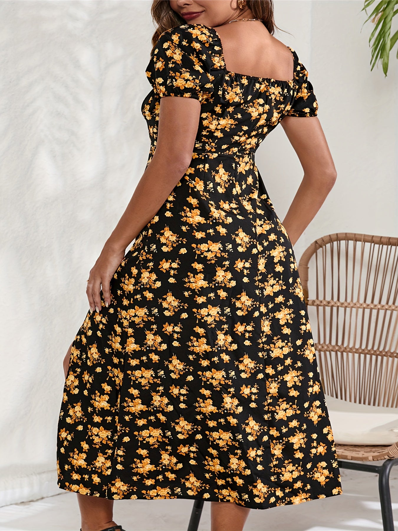 Sexy Dress Women's Plus Allover Floral Print Puff Sleeve Summer Dress