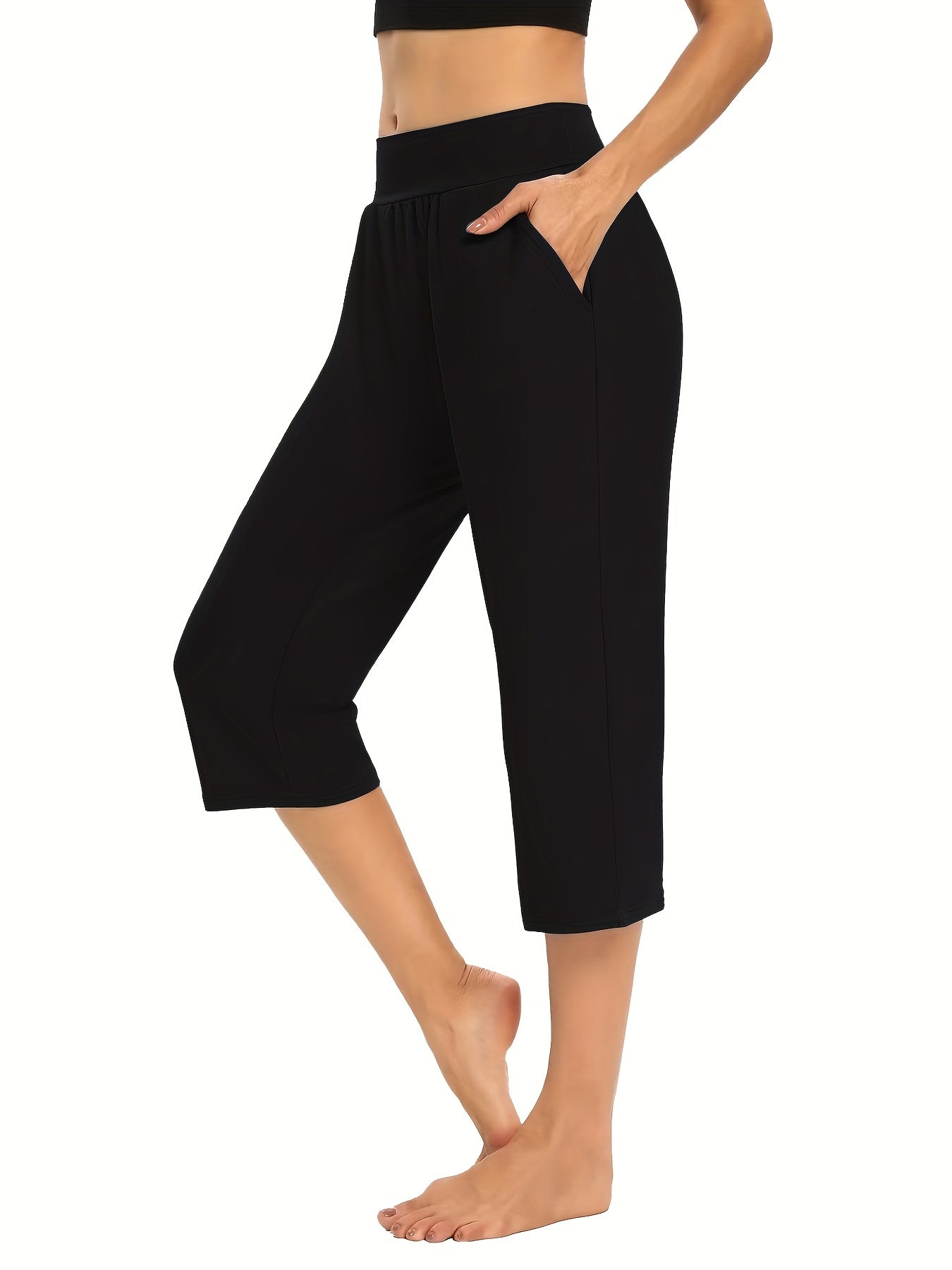Elastic Waist Pocket Cropped Pants Casual Stretchy Stylish Pants
