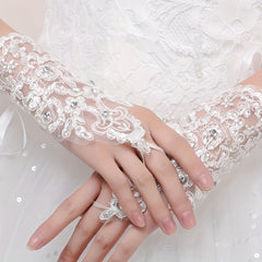 Pisiano Lace Up Gloves with Rhinestones and Sequins Fingerless Bridal Gloves