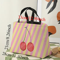 Striped Cherry Printed Lunch Bag Large Capacity Waterproof Insulated Bag