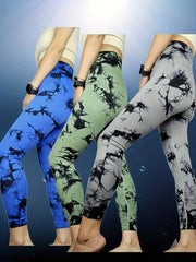 3pcs Tie Dye Butt Lifting Sports Shorts High Waist Yoga Running