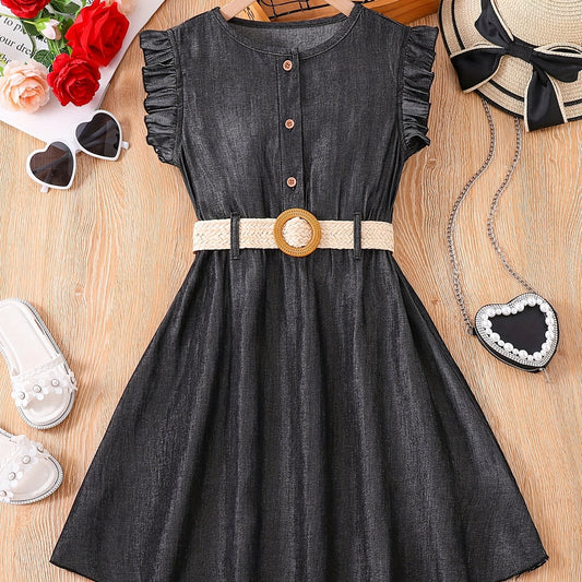 Girls' Casual Dress Thin Frilled Sleeveless A Line Dress With Belt