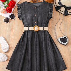Girls' Casual Dress Thin Frilled Sleeveless A Line Dress With Belt