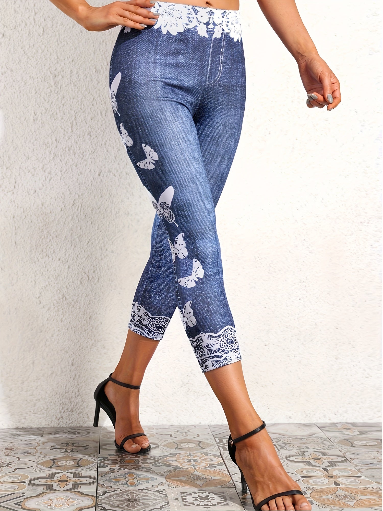Butterfly Print Cropped Jeggings Skinny High Waist Leggings