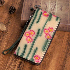 Vintage Embossed Leather Women's Wallet Zipper Closure Floral Tassel Charm