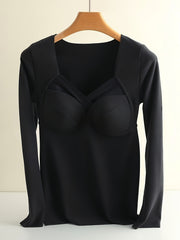 2pcs Contrast Mesh Thermal Tops V Neck Top Women's Lingerie