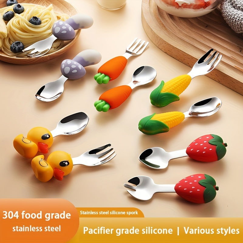 2pcs Cartoon Fork & Spoon Set For Toddlers Stainless Steel Tableware