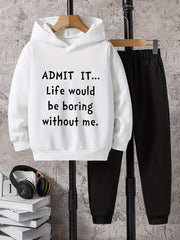 Boys Hoodie & Sweatpants 2pcs LIFE WOULD BE BORING Print Casual Kids Clothes