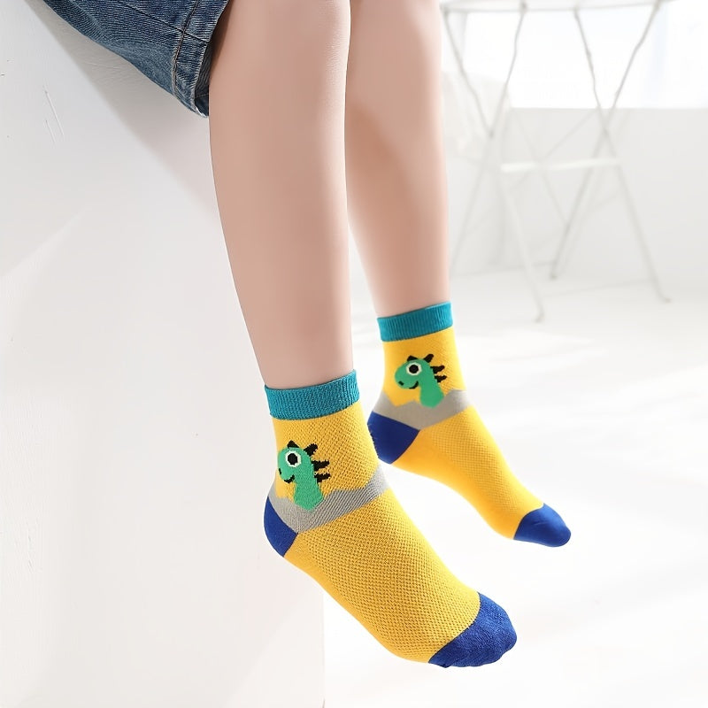 5 Pairs Boys Dino Print Crew Socks, Mesh Breathable Cotton, Spring & Summer
