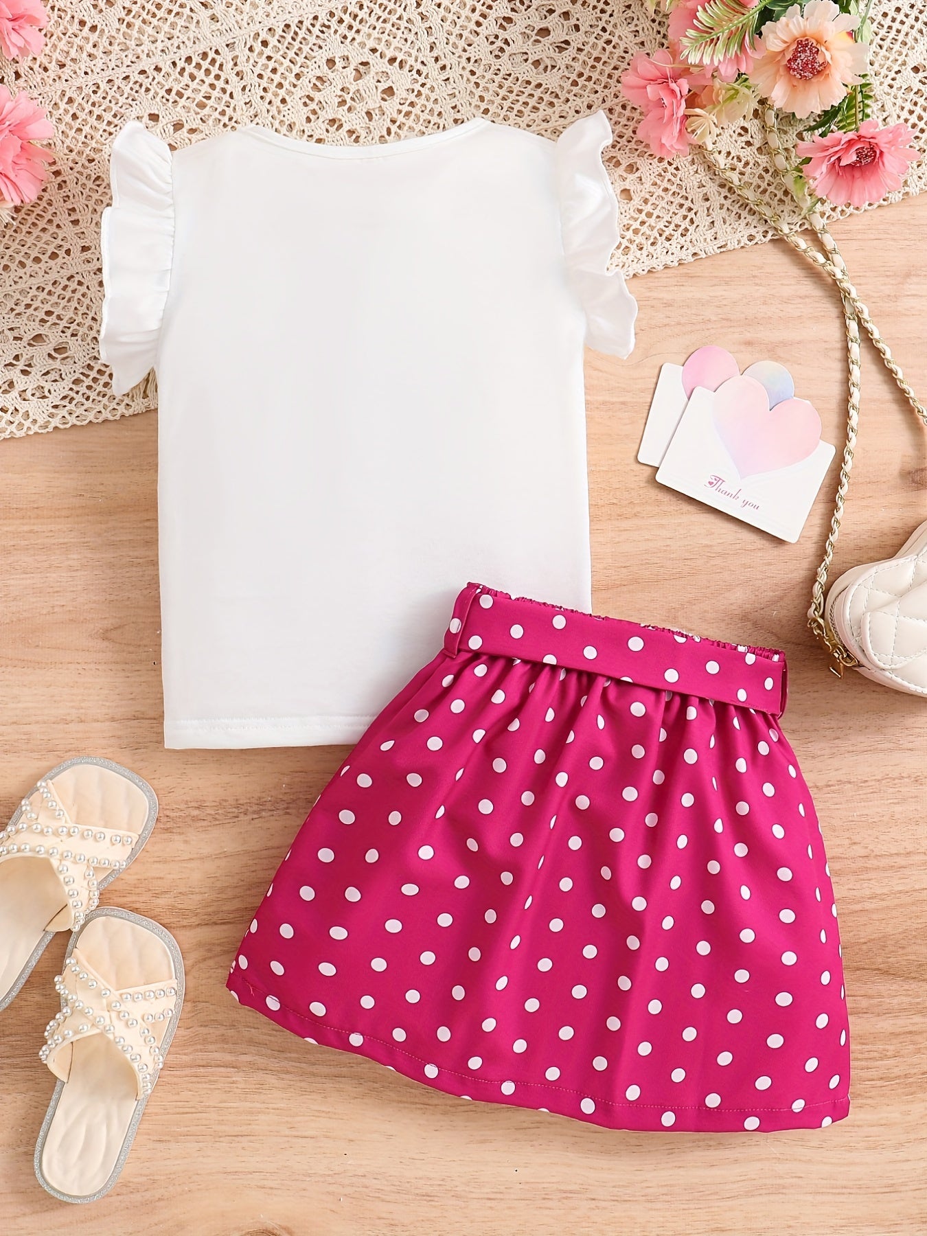 2pcs Toddler Girls Butterfly Sleeves Polka Dot Heart Top & Skirt Set
