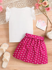 2pcs Toddler Girls Butterfly Sleeves Polka Dot Heart Top & Skirt Set