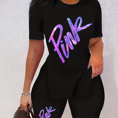 Letter Print 2pc Set Slit T Shirt & Shorts Outfits for Women