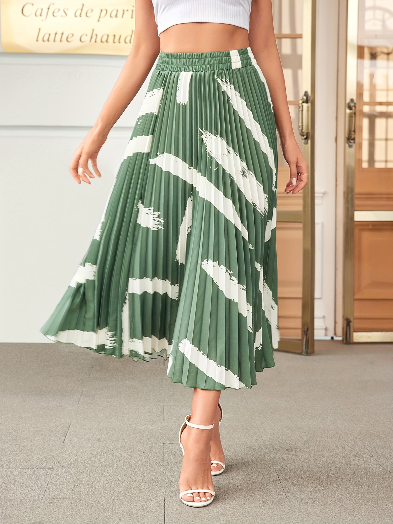 Vintage Brush Print Pleated Skirt Elastic Waist Midi