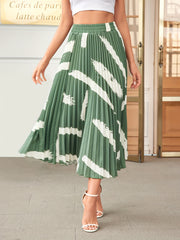 Vintage Brush Print Pleated Skirt Elastic Waist Midi