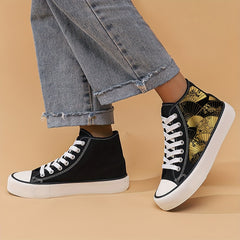 Girl's High Top Golden Pattern Skate Shoes Comfy Non Slip Lace Up Sneakers