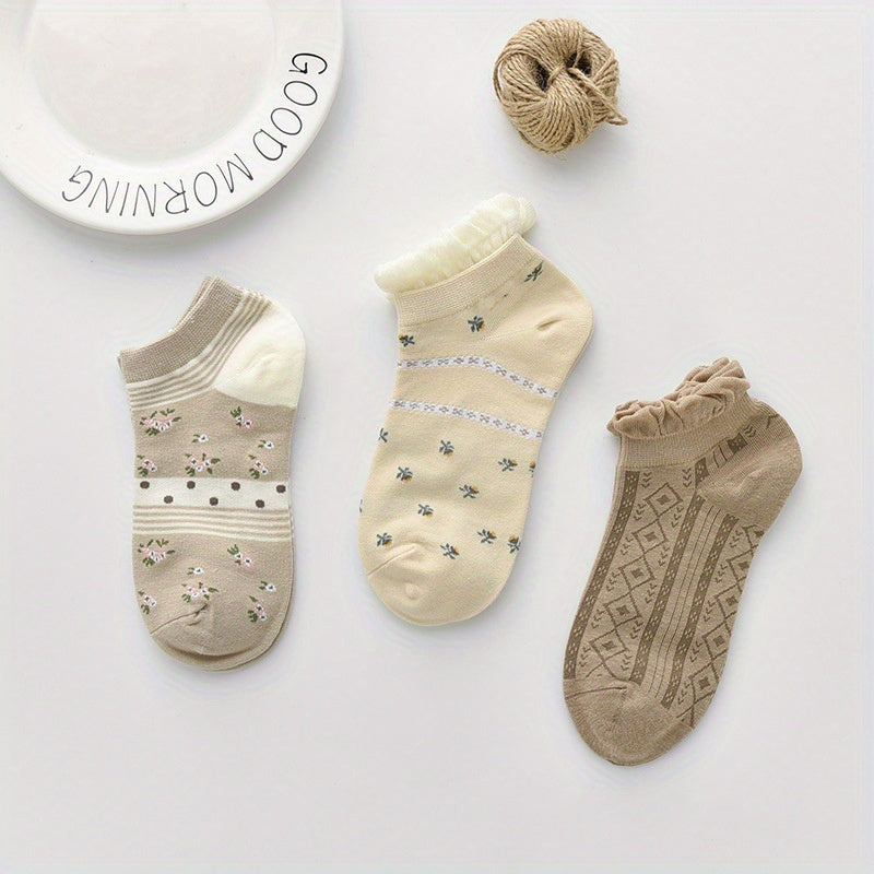 3 Pairs Floral & Bear Print Socks & Ankle Socks Women's Stoc