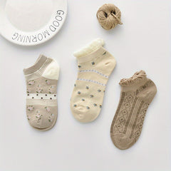3 Pairs Floral & Bear Print Socks & Ankle Socks Women's Stoc