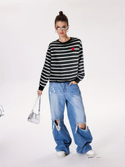 Stripe & Heart Print Pullover Sweatshirt Casual Long Sleeve Crew Neck Sweatshirt