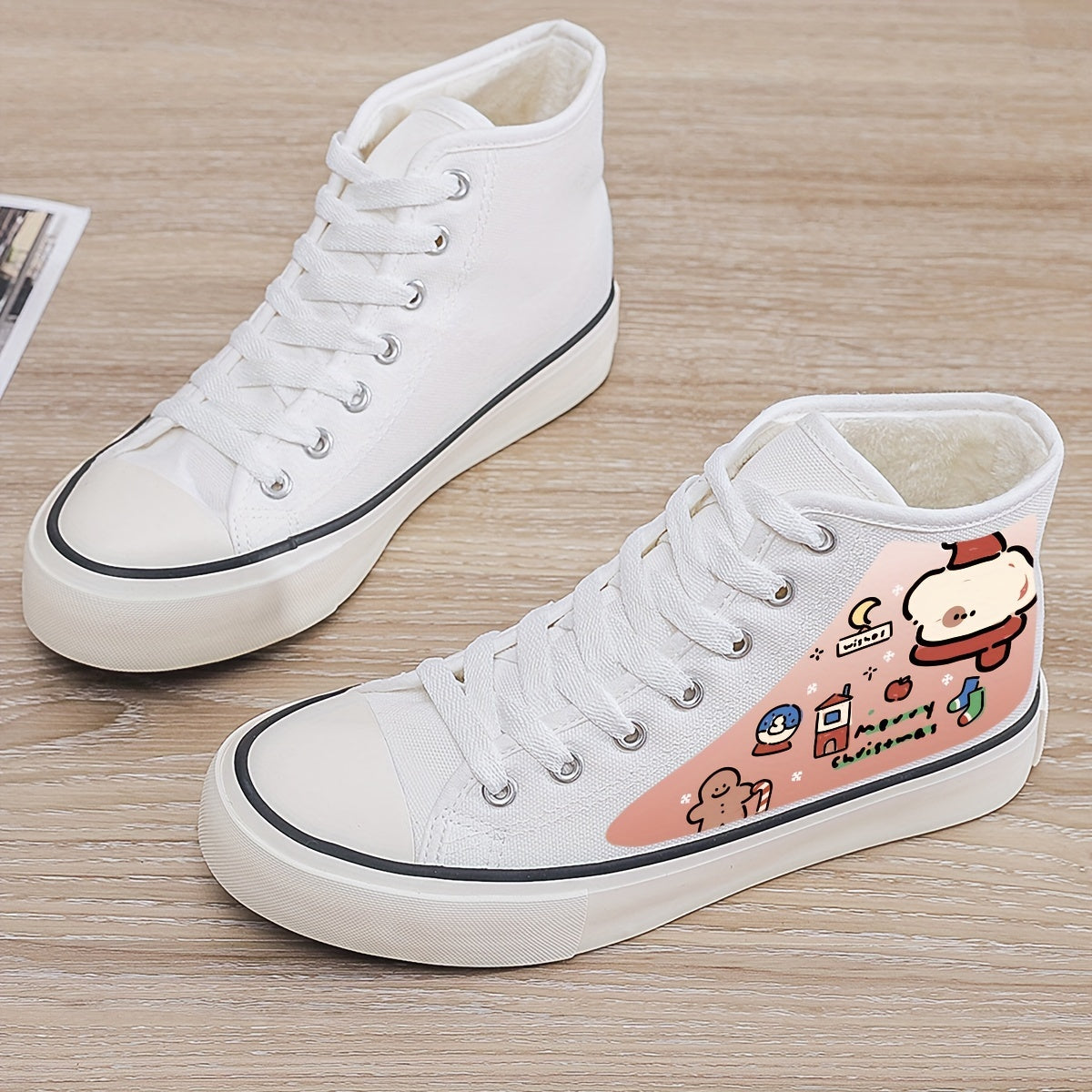 Christmas Cartoon Print Plush Lined Thermal Chunky Canvas Sneakers