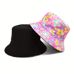 Reversible Flower Print Bucket Hat Cartoon Sunscreen Basin Hat For Women