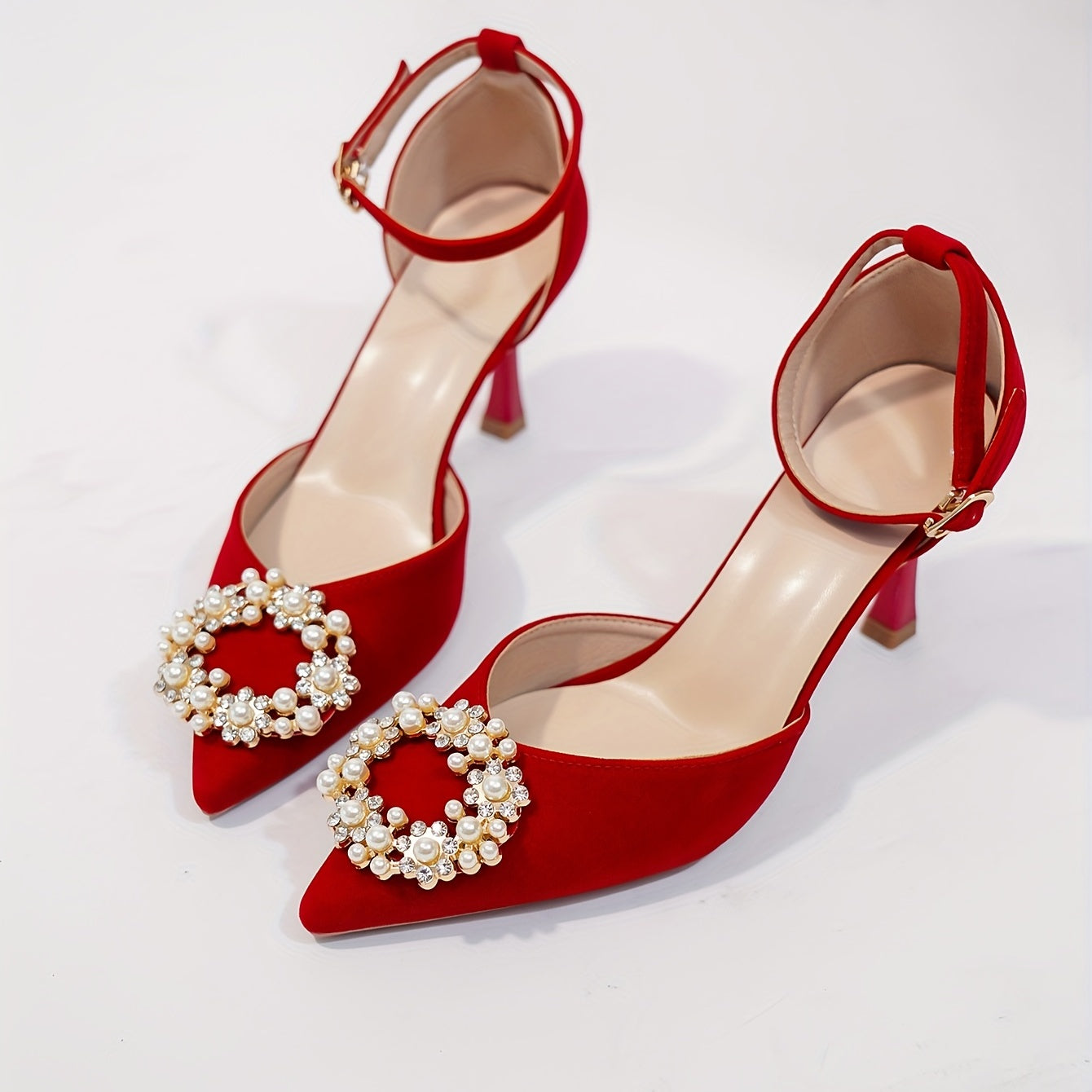 Pearl & Rhinestone Stiletto Heels Point Toe Pumps Wedding Shoes