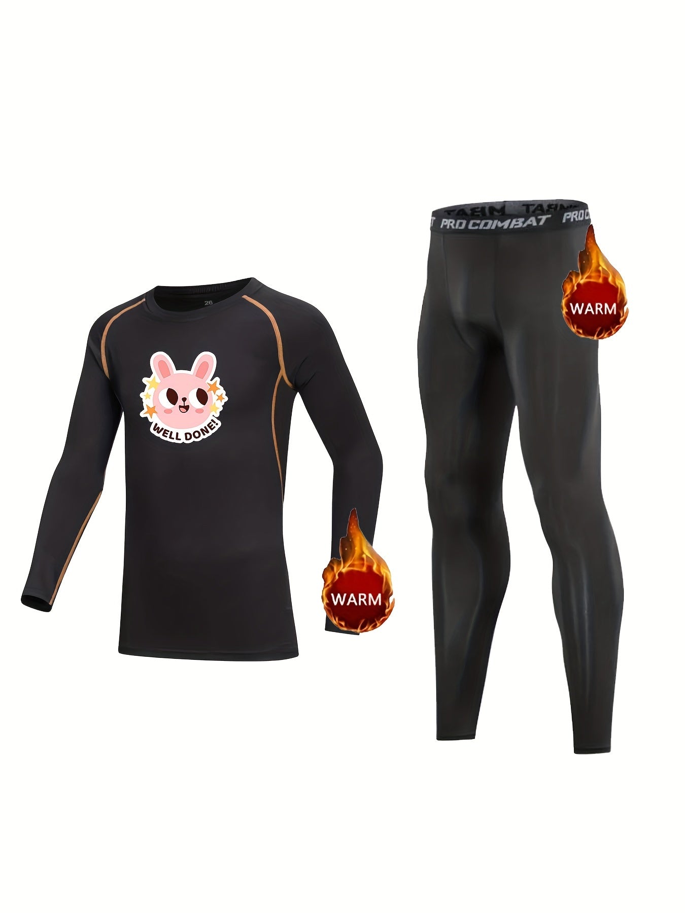 2pcs Kids Compression Fleece Sets - Cartoon Pattern Crew Neck Pullover & Elastic