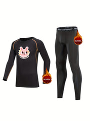 2pcs Kids Compression Fleece Sets - Cartoon Pattern Crew Neck Pullover & Elastic