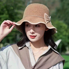 Ruffles Knit Bucket Hat with Bow Hollow Crochet Sun Hat