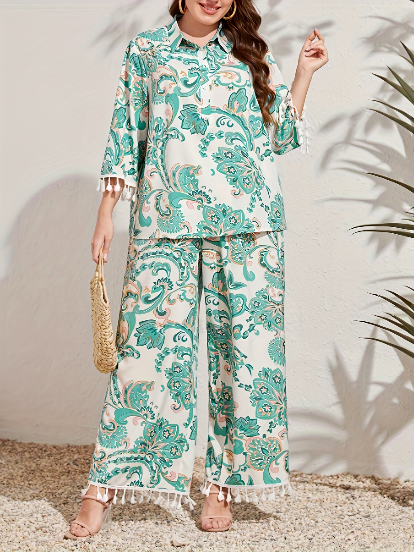 Floral Print Tassel Polo Neck Blouse & Wide Leg Pants Set