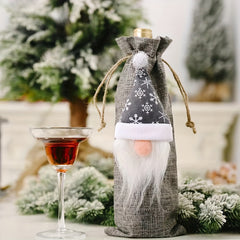 Christmas Linen Wine Bottle Bags Set - Old Man Faceless Doll Red Wine Clothing