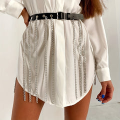 Punk Chain Fringe Skirt Belt Rivet PU Leather Harness Adjustable Gothic Belt