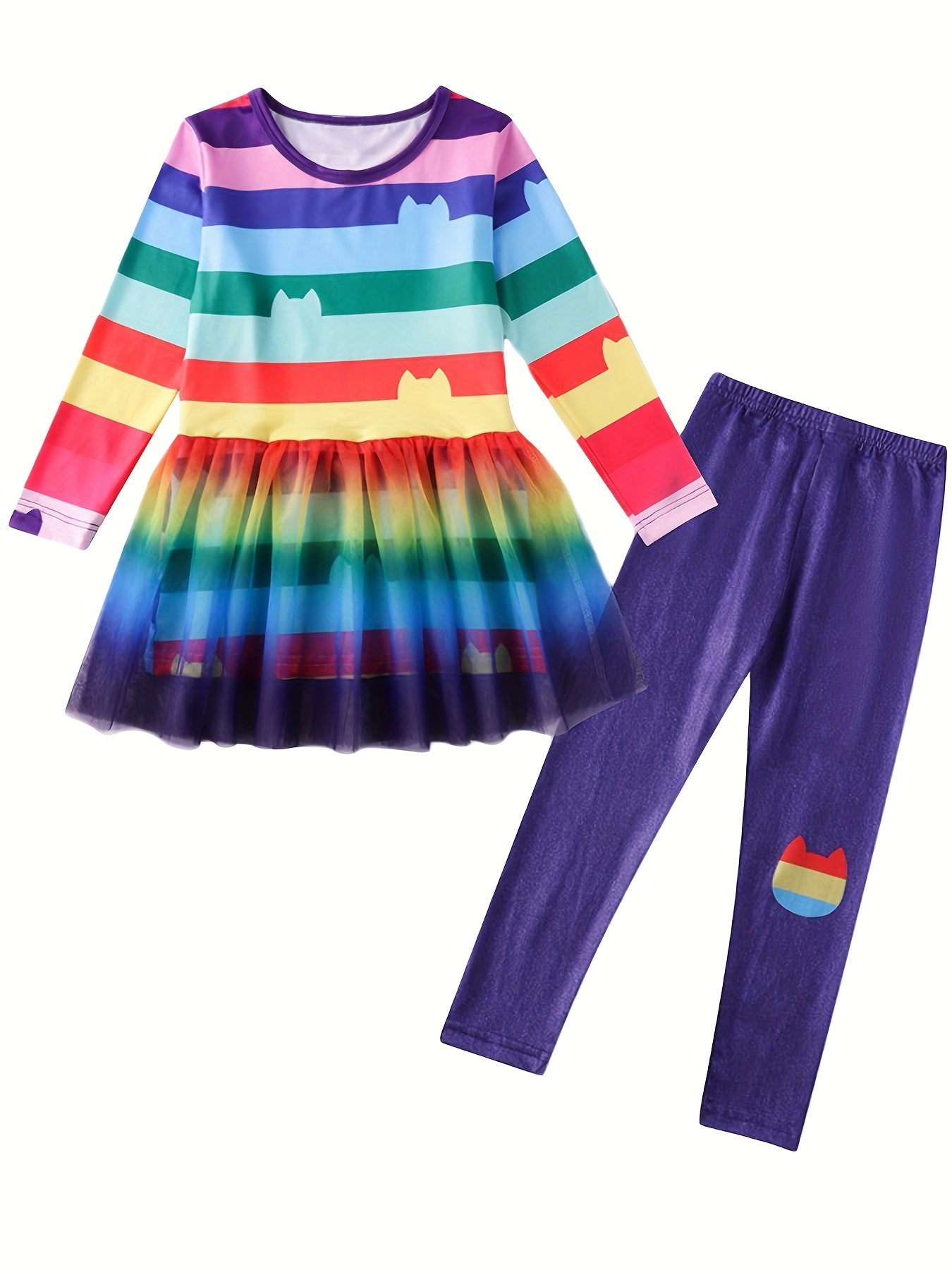 Rainbow Stripe Cat Mesh Top and Leggings Set for Girls