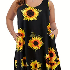Sunflower Print Tank Dress With Pockets