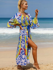 Plus Size Boho Kimono Women's Plus Painting Print V Neck Batwing Sleeve