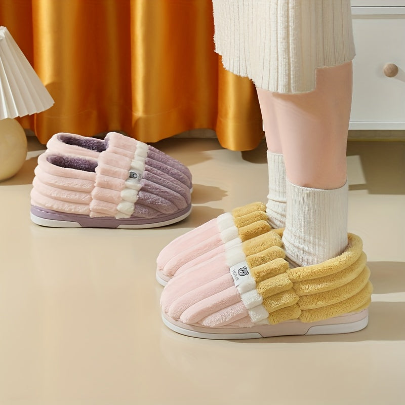 Colorblock Fluffy Slippers Warm Cozy Fuzzy Home Shoes